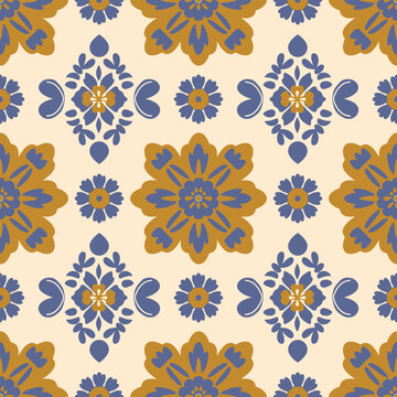Elegant seamless pattern featuring blue and gold floral motifs, for ethnic textile and ceramic art