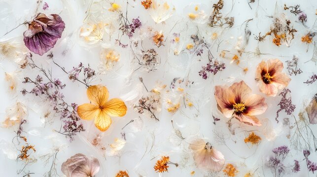 delicate dried flowers embedded in resin, soft pastel pansies and gypsophila scattered on glossy surface, translucent layers reveal fine petal veins, airy highkey lighting evokes calm interior