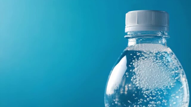 Bubbles rising in clear plastic water bottle against blue background