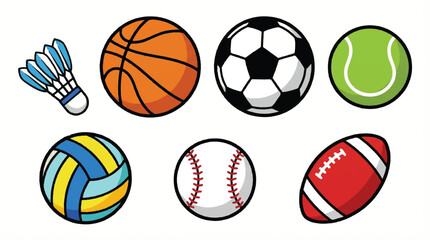 collection of various colorful sports balls and shuttlecock on white background