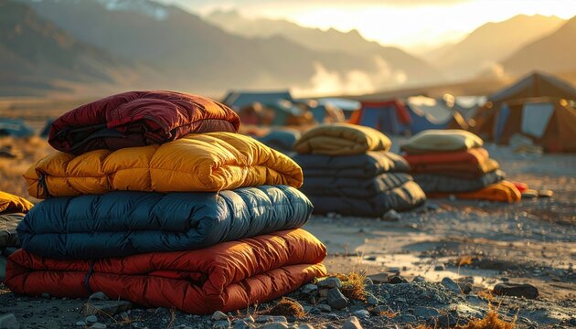 FlyPro_Firefly presents neatly folded stacks of insulating sleeping bags, in deep, earthy colors, organized for expedient distribution at a mountain campsite.