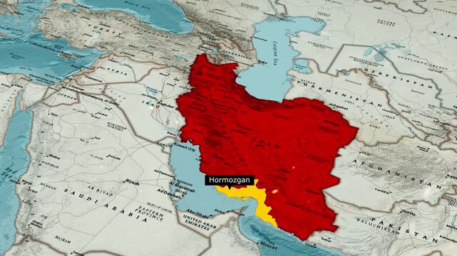 Strategic Map Highlighting Hormozgan Province Iran Along Persian Gulf and Hormuz Strait