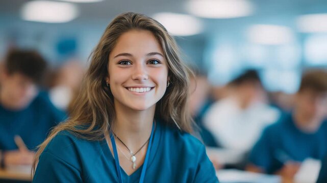 56Cinematic perspective of nursing students in teal scrubs listening to lecture, smiling and exchanging glances, natural sunlight highlighting vibrant classroom learning environment