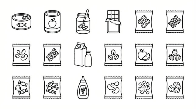 Food and drink packaging icons in black and white line art style on white background