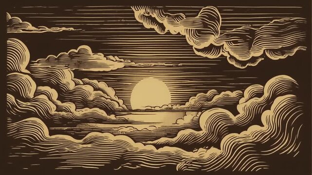 Striking vintage woodcut illustration depicting a majestic sunset or sunrise over a serene ocean, with dense, dramatic clouds illuminated by the radiant glow, creating an atmospheric celestial vista