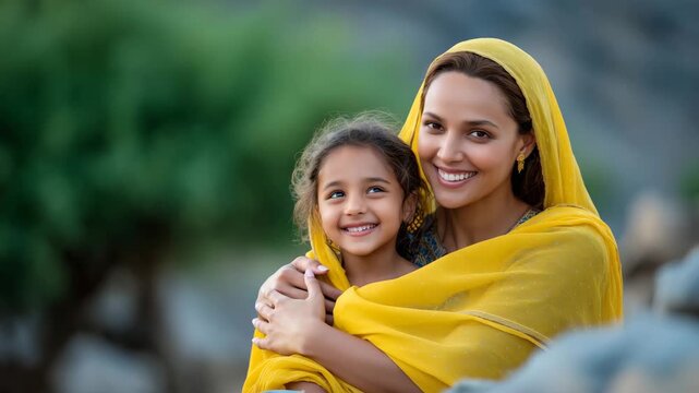 63Portrait-style outdoor scene of Indian mother kneeling to talk with her smiling daughter, gentle eye contact, natural light, blurred trees behind, family bonding moment