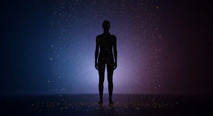 Fototapeta premium Silhouette of a standing person with glowing particles in dark space 