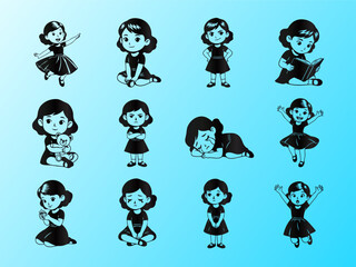 Cute Little Girl Expressing Various Emotions and Activities Vector Set