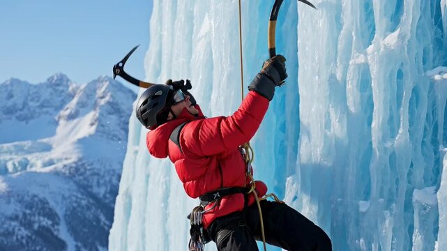 Ice Climber Scaling an Icy Wall in Mountain Landscape