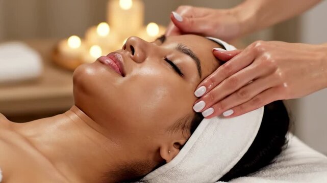 A serene woman enjoys a soothing facial massage in a tranquil spa setting, illuminated by warm candlelight, promoting relaxation and self-care in a calm atmosphere