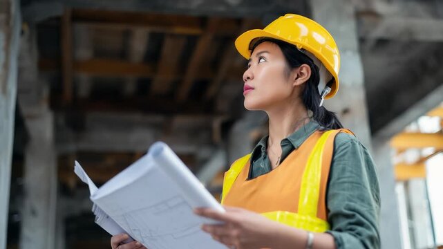 An Asian female engineer stands confidently with blueprints in hand, overseeing workers at a half-built commercial structure, surrounded by steel beams and construction activity