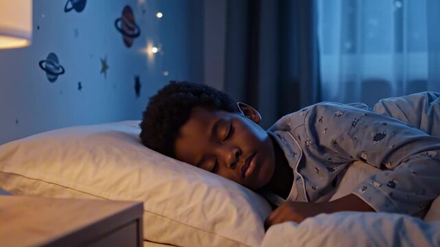 A young boy peacefully sleeps in a cozy bedroom illuminated by soft blue light, surrounded by a starry wall mural and cozy pillows, embodying the tranquility of childhood dreams