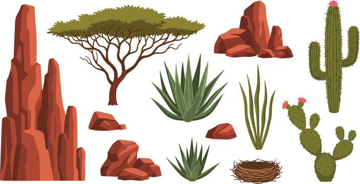 &Aacute;rbol de acacia del desierto, roca, piedra, naturaleza seca, planta, escena, sabana, vegetaci&oacute;n, clipart, ilustraci&oacute;n, vector, plano, conjunto