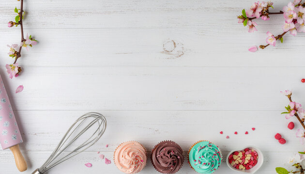 Spring, cupcake display. Cupcakes with colorful frosting and baking tools on white wooden table create festive atmosphere