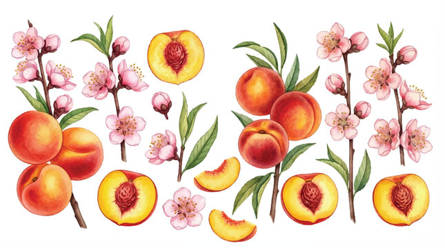 Peaches and pink flowers on branches with green leaves and sliced peaches