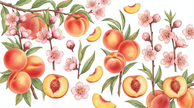 peaches and flowers on branches with green leaves and sliced fruits