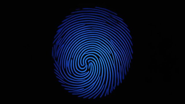 A close-up image of a glowing blue fingerprint on a black background. Spiraling pattern