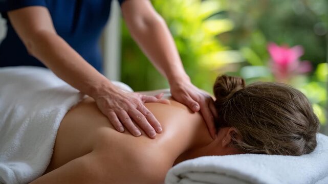 117Woman receiving deep tissue back massage from masseuse in spa setting, relaxing wellness treatment for muscle tension and stress relief, modern wellness center with natural dayligh