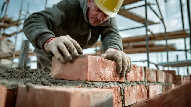 Under a bright sky, a skilled construction worker carefully places red bricks with precision, creating a sturdy wall. The sound of building fills the air as scaffolding surrounds the site