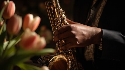 A man is holding a saxophone and a bouquet of flowers