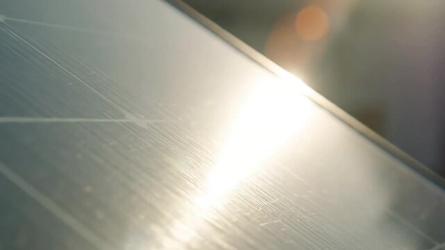 Abstract Light Play on Metal An artistic, extreme close-up focusing purely on the abstract patterns, colors, and intense brightness created by the sun's glint on an unidentifiable metal surface,