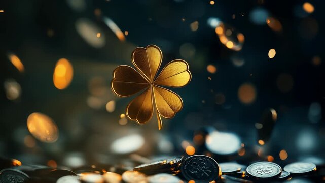 Golden clover floating amidst falling coins with warm light transition