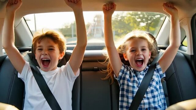 Two excited children with raised arms in the backseat of a car, enjoying a sunny ride, capturing pure joy and excitement