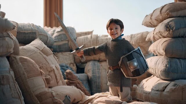 Smiling and filled with excitement, a young boy in a knight costume boldly plays with his toy sword and shield inside a cozy castle fort crafted from cushions and blankets