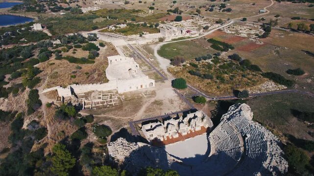 Aerial orbiting shot of ancient ruins in Patara, Turkey