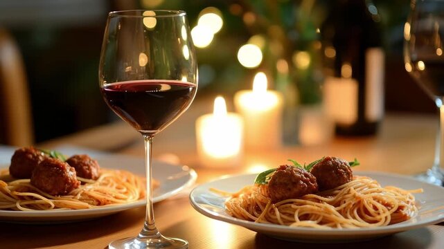 Romantic dinner setting with red wine, candlelight, and spaghetti