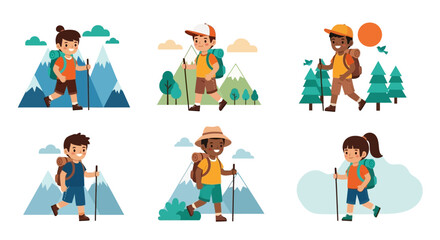 Fototapeta premium Set of six cartoon children hiking and trekking with backpacks and walking poles in nature