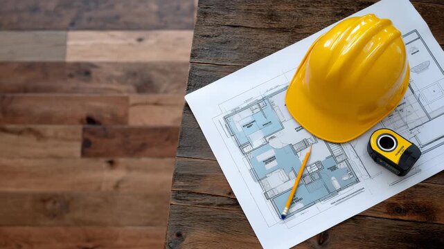 Overhead shot of residential floor plans spread out with construction helmet, pencil, and tape measure, renovation in progress, realistic planning workspace, industrial textures