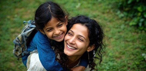 Naklejka premium Joyful Mother Carrying Daughter in Nature, Ideal for parenting campaigns, family lifestyle content, educational promotions, and heartwarming social media visuals.