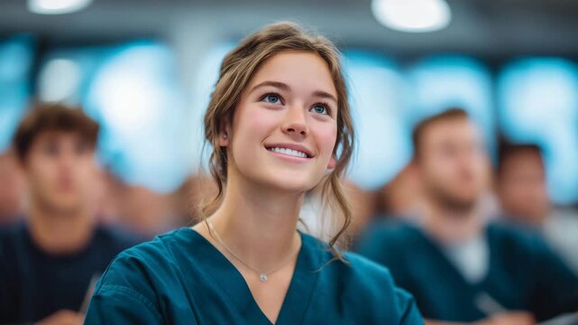 Side perspective of nursing students in teal scrubs listening to a lecture, bright classroom, engaged expressions, diverse group, sunlight filtering through large windows