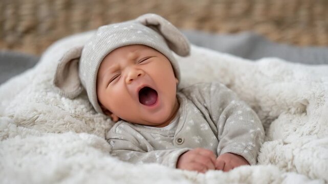 Sleeping newborn baby mid-yawn on a plush blanket, wearing cute hat with little ears and matching sleepsuit, warm cozy home lighting, soft shadows emphasizing serenity