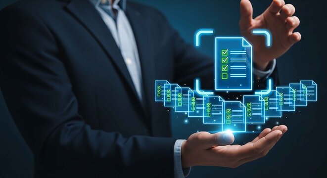 Businessman presenting a digital document or checklist with checkboxes and data