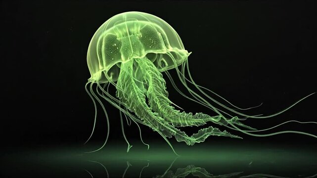 A glowing, ethereal jellyfish floats with delicate tentacles on a reflective surface against a black background