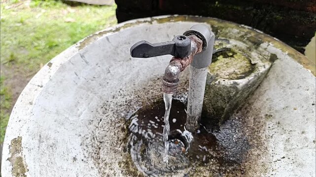 water flowing from an old tap and falling into an old iron vessel.
