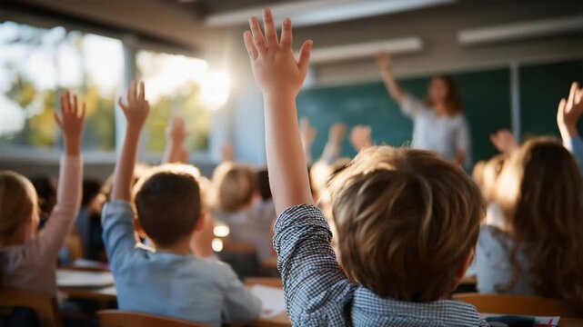 Wide-angle view of schoolchildren in desks with hands raised, teacher writing on blackboard, sunlight filtering through classroom windows, lively and interactive learning moment
