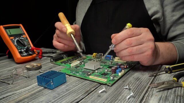 Technician repairs electronic circuit board using soldering iron and screwdriver, surrounded by tools and equipment on a wooden work surface