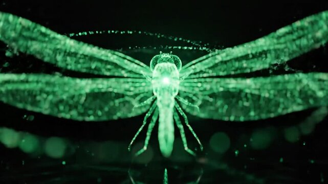 A luminescent dragonfly against black, with reflection, and scattered glowing dots