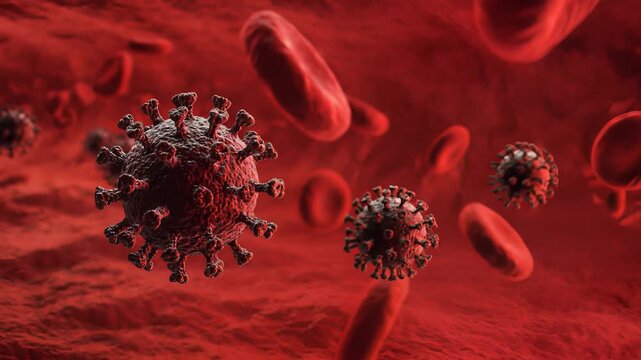 Viral particles invading red blood cells, conveying urgency and health concerns for scientific and medical themes.