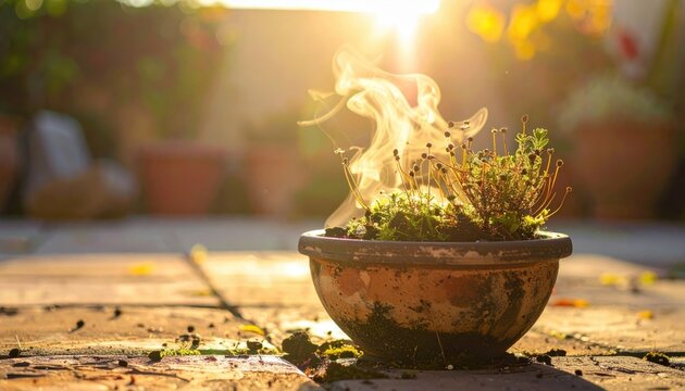 A FlyPro Firefly photorealistic DSLR style image of a faint aroma of dry moss and earth gently rising from a shallow, empty planter, once filled with life, bathed in golden sunlight.