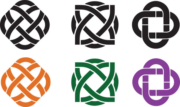 Celtic knot vector design set with geometric interlaced patterns in multiple colors.