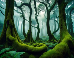 misty forest mossy trees curved trunks nature scene green tranquil fantasy