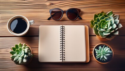 notebook sunglasses coffee and succulents on wooden surface