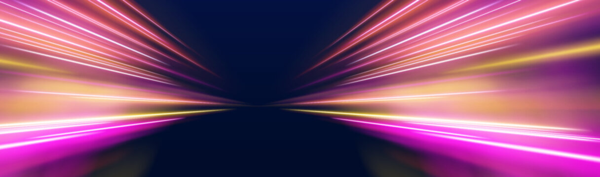 Electric ribbons of light twist into a glowing vortex form. Soft gradient layers create depth and smooth movement. The illustration suggests power and immersive digital motion.