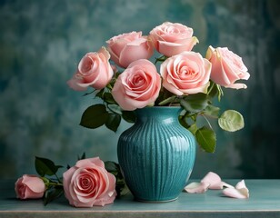 pink roses in teal vase textured background still life home decor