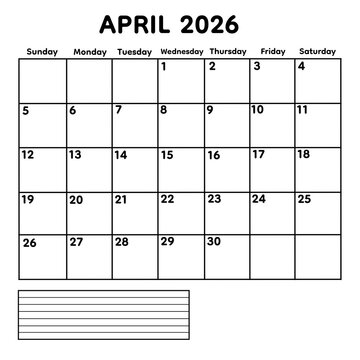 Elegant April 2026 monthly calendar designed with sharp black line grid and simple minimalist structure. Isolated on transparent background for easy customization. Ideal for office planning