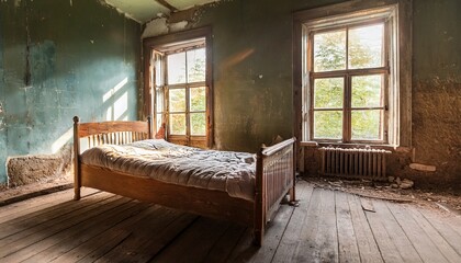 rustic wooden bed in abandoned room sunlight through windows aged walls